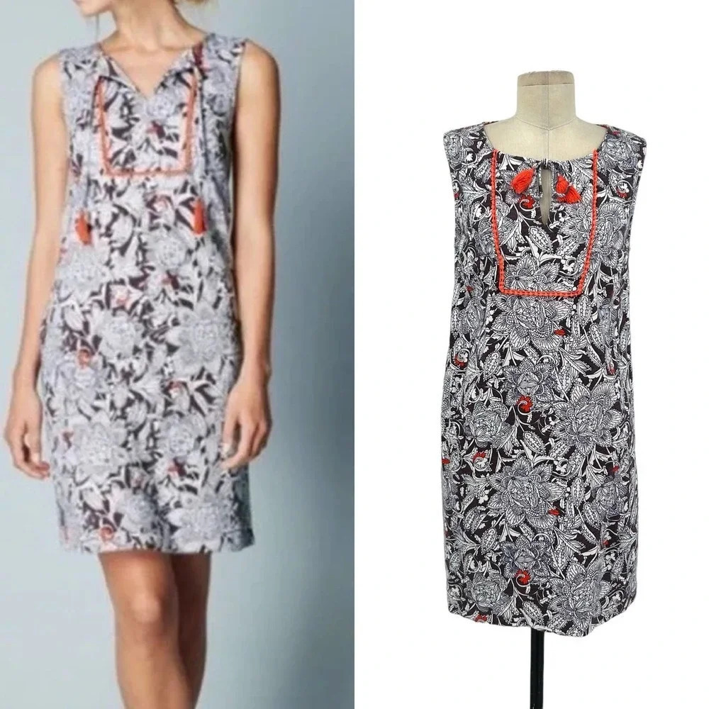 Boden Lana Floral Print Sleeveless Tassel Shift‎ Dress Size 10L Tall